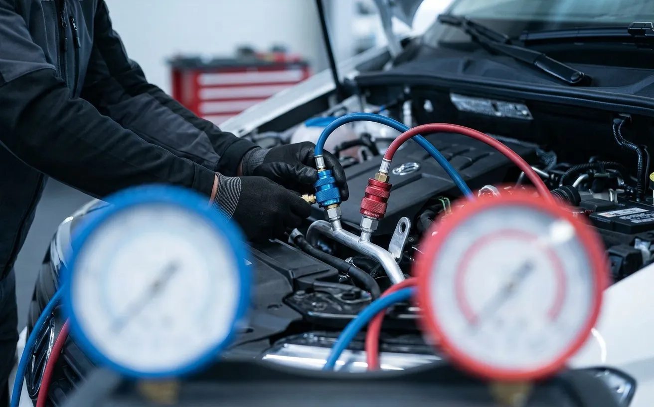 Mechaniker schließt ein Klimaservicegerät im Motorraum eines Fahrzeugs an