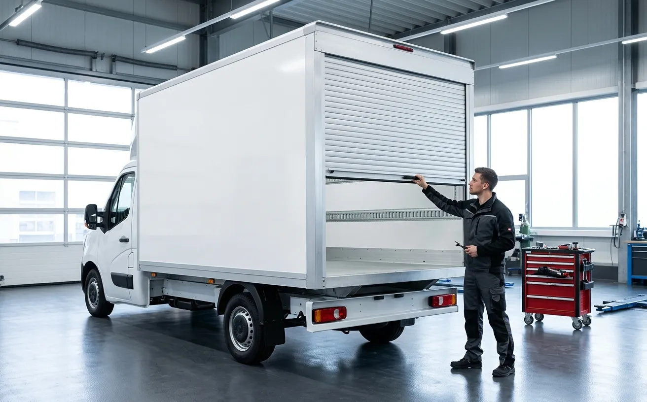 Fertiger Leichtbau-Koffer mit Rolltor auf einem Transporter-Fahrgestell