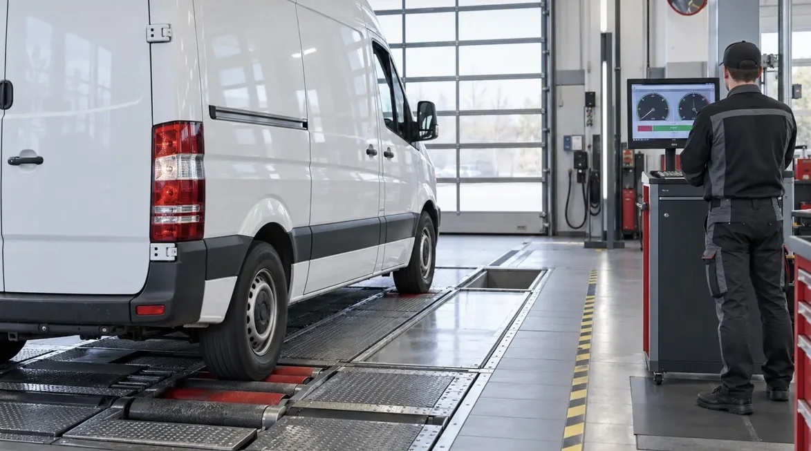Transporter auf dem Prüfstand, ein Mechaniker liest die Messwerte ab