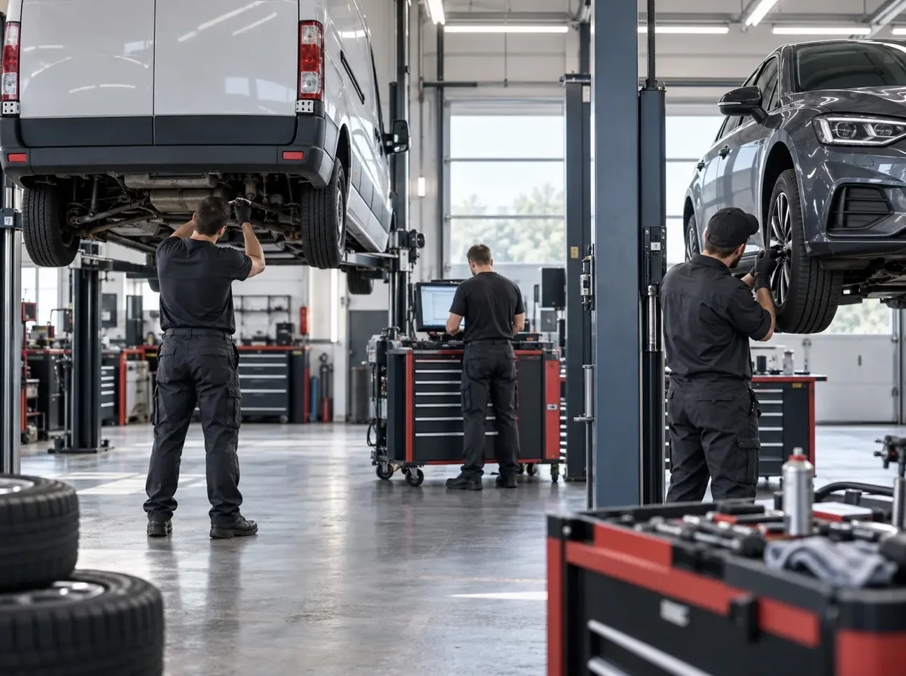 Drei Mechaniker arbeiten an Transporter und Pkw auf Hebebühnen