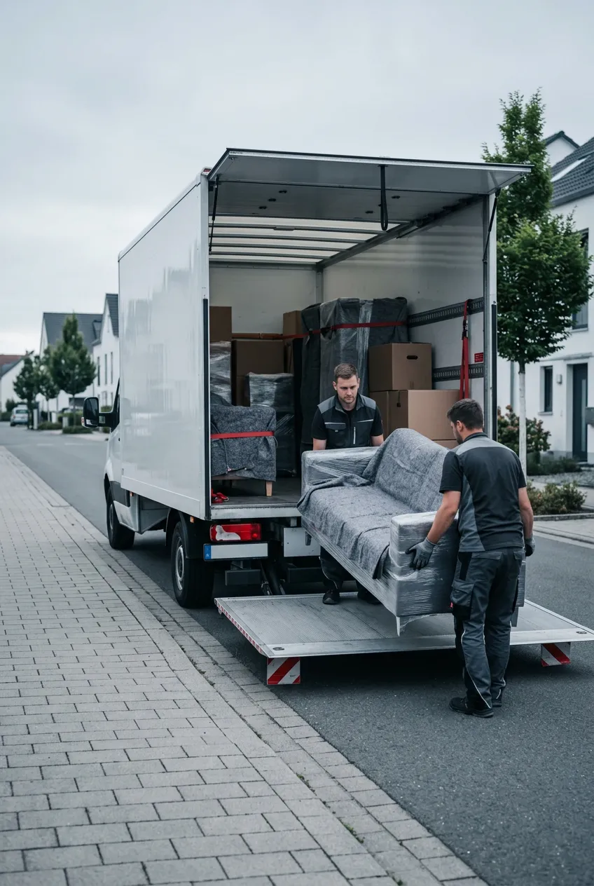 Zwei Monteure laden ein Sofa über die Ladebordwand aus einem Möbelkoffer