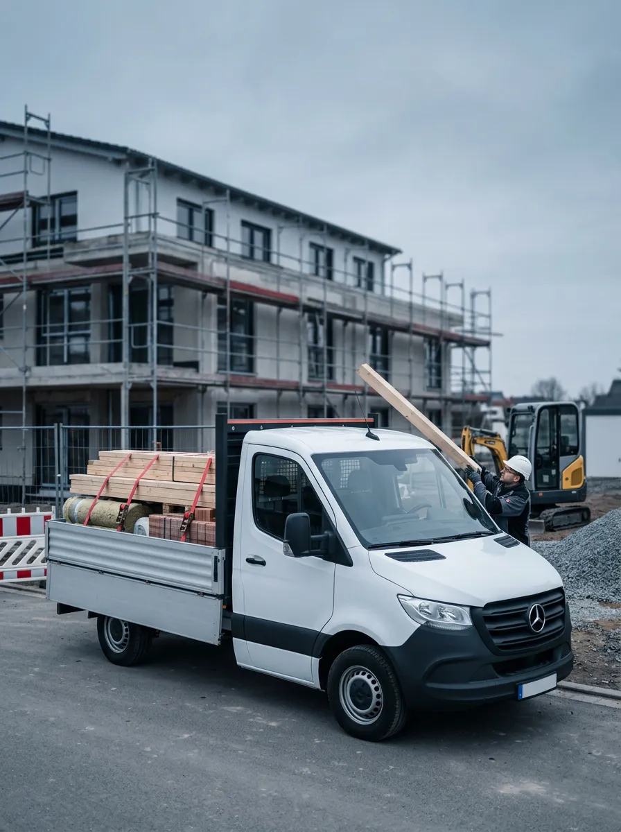 Transporter mit Pritsche und Baumaterial auf einer Baustelle