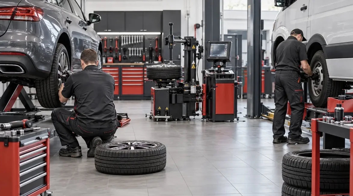 Mechaniker beim Reifenwechsel an Pkw und Transporter